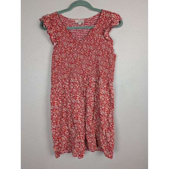 LOFT Outlet Dress Womens Large Red Floral Smocked Cap Sleeve - Picture 1 of 6